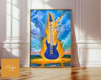 Guitare électrique bleue, impression d'art, affiche premium, sentiment électrique, Lisa Alavi, peinture à l'huile, guitare, art mural, cadeau, musique, musiciens, guitariste, amateur