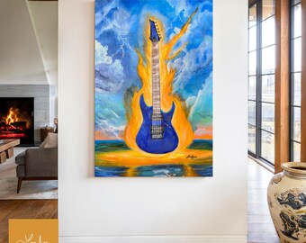 Guitare électrique bleue, toile d'art, sentiment électrique, Lisa Alavi, peinture à l'huile, guitare, art mural, musique, mur, musiciens, guitariste, cadeau, amateur, guitare