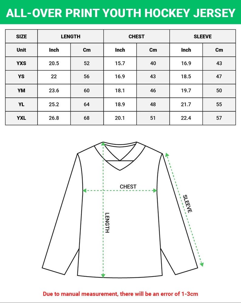 May include: Diagram of a youth hockey jersey with measurements in inches and centimeters. The chart shows sizes YXS to YXL, with length, chest, and sleeve dimensions. The text at the top reads "ALL-OVER PRINT YOUTH HOCKEY JERSEY."