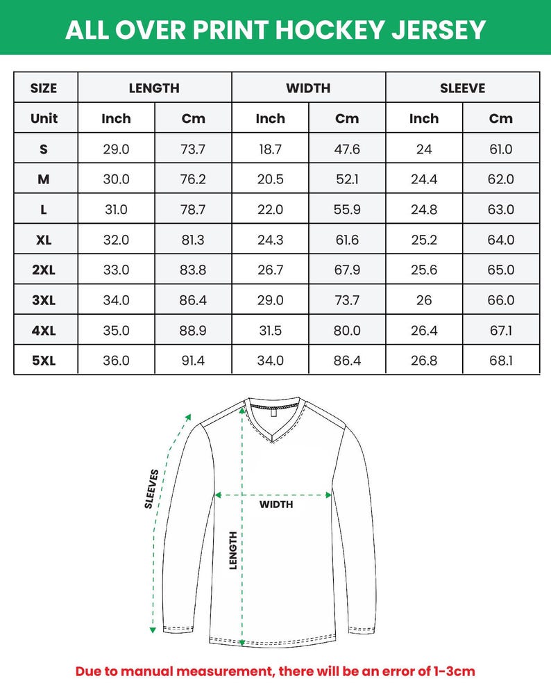 May include: An image of a white hockey jersey with a V-neck design. The image includes a size chart with measurements in inches and centimeters for length, width, and sleeve length, ranging from size S to 5XL. The text "ALL OVER PRINT HOCKEY JERSEY" is at the top.