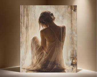 May include: A painting of a woman in a white dress sitting with her back to the viewer. The woman's hair is pulled back and she is looking down. The background is a light brown color with streaks of darker brown paint.
