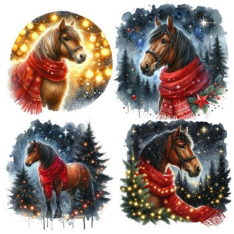 15 Watercolor Christmas Horse Clipart Bundle, Winter Horse Png, Animal ...