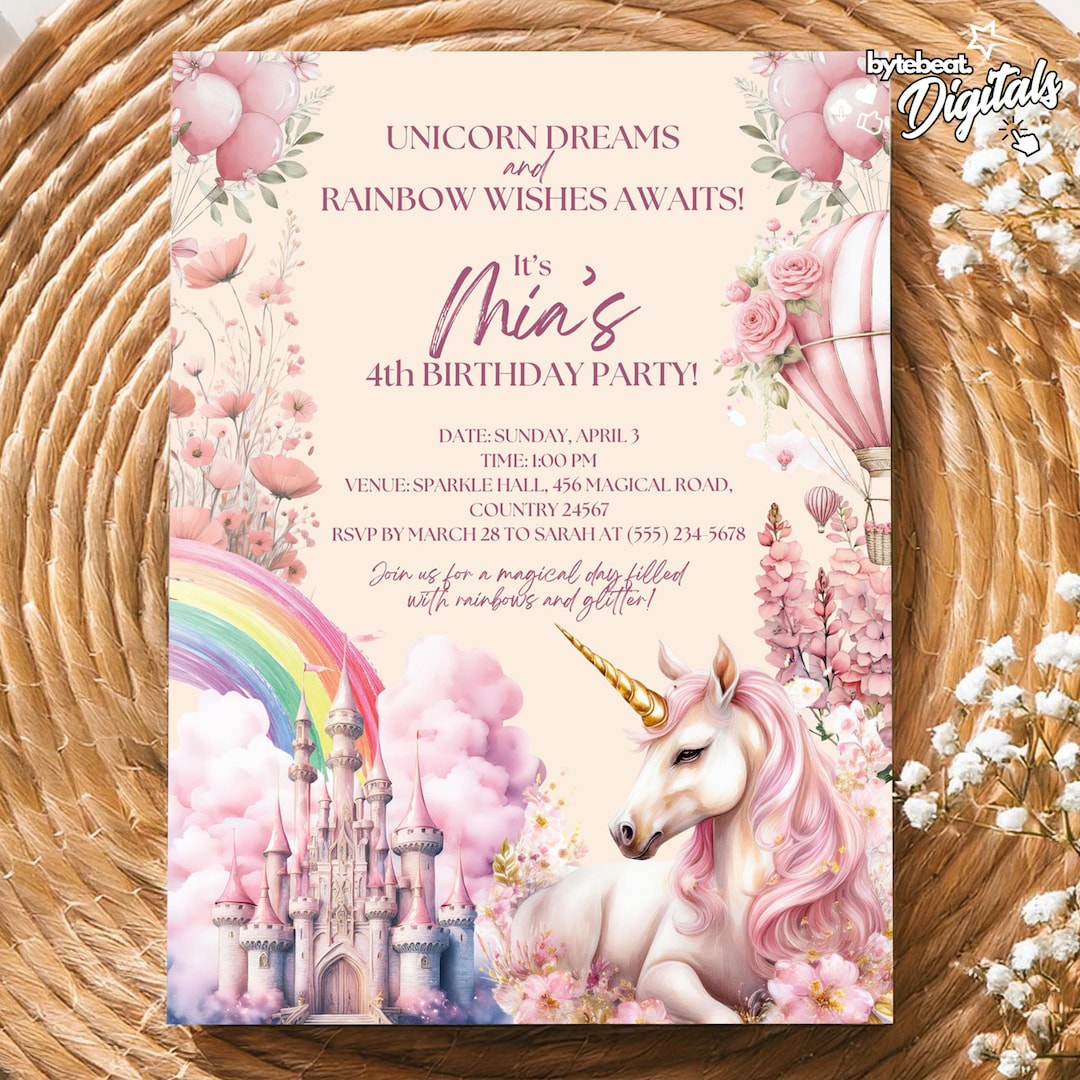 Magical Unicorn Birthday Invitation Template Editable Digital Party ...