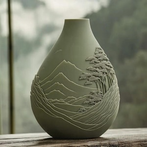 May include: A sage green ceramic vase with a detailed relief of a mountain landscape and trees. The vase has a teardrop shape and a smooth, matte finish. The design features layered mountains and detailed trees.