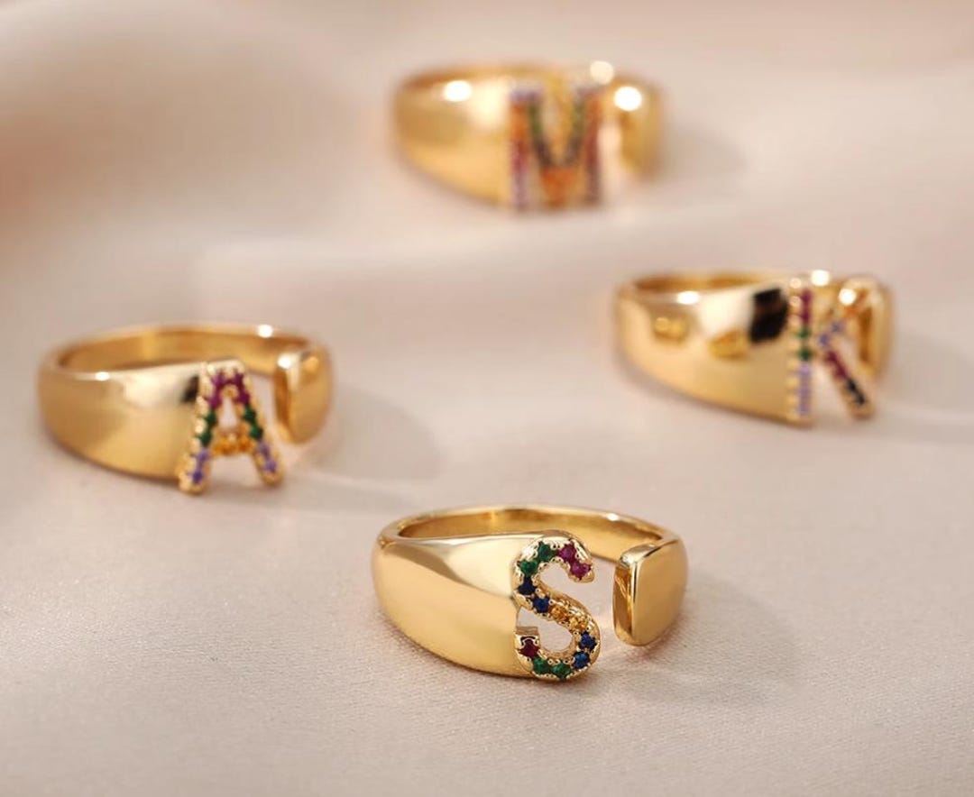 Personalized Colorful Zircon Letter Ring - Custom Name Engraved ...