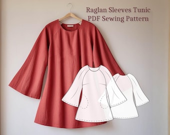Raglan Sleeves Tunic Pattern, Pocketed Linen Top, Flared Sleeves Blouse, PDF Sewing Pattern + Instructions