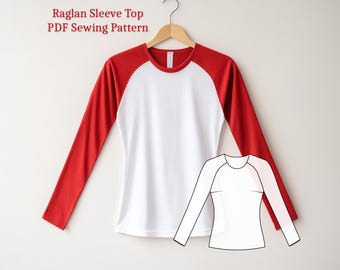 Raglan Sleeve T-Shirt, Long Raglan Sleeves, Round Collar Top, PDF Sewing Pattern + Instructions
