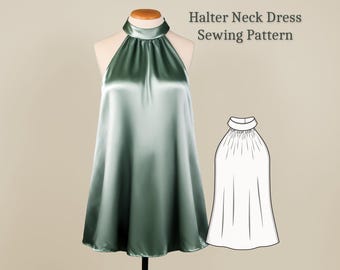 Halter Neck Dress Pattern, Knee Length Dress, Round Collar Gathered Dress, Digital Sewing Pattern + Instructions