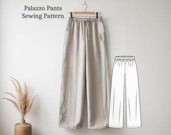 Palazzo Pants Sewing Pattern, Elastic Waistband Pants, Summer Linen Pants pattern, Loungewear, Streetwear, PDF Sewing Pattern + Instructions