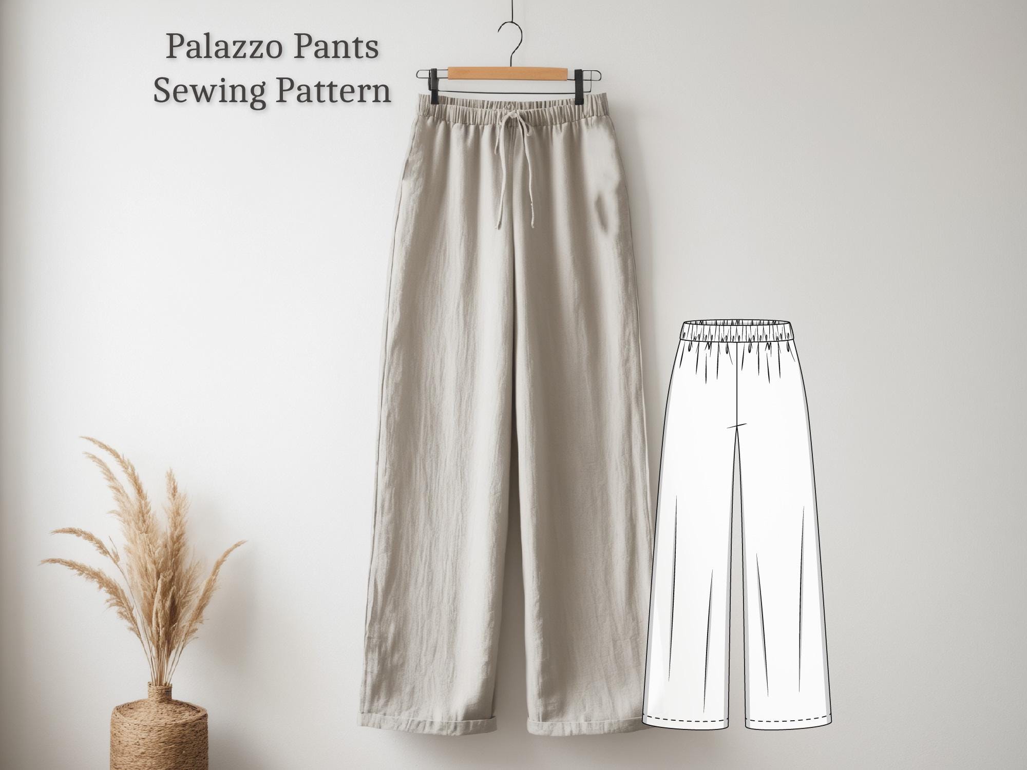 Palazzo Pants Sewing Pattern, Elastic Waistband Pants, Summer Linen Pants pattern, Loungewear, Streetwear, PDF Sewing Pattern + Instructions