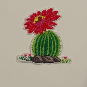 Peut inclure: Écusson brodé représentant un cactus vert avec une fleur rouge et jaune. Le cactus est posé sur un lit de petits rochers, entouré de minuscules fleurs roses et d'herbe verte. L'écusson a une bordure blanche.