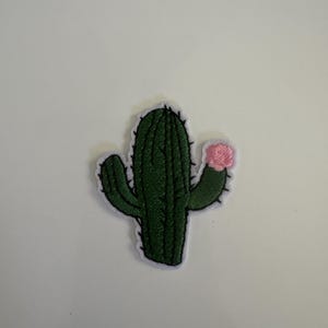 May include: Embroidered cactus patch with a green body, black spines, and a pink flower. The patch has a white border and is likely for clothing or accessories.