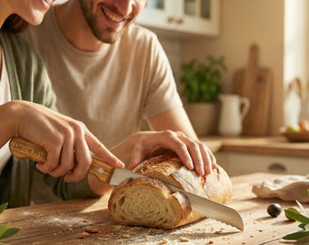 Personalisiertes Brotmesser, Olivenholz - Hochwertiges Solinger Brotschneidemesser mit Wellenschliff als individuelles Geschenk