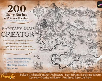 Fantasy Map Procreate Brush Stamps: 200 Hand-Drawn world building map creator