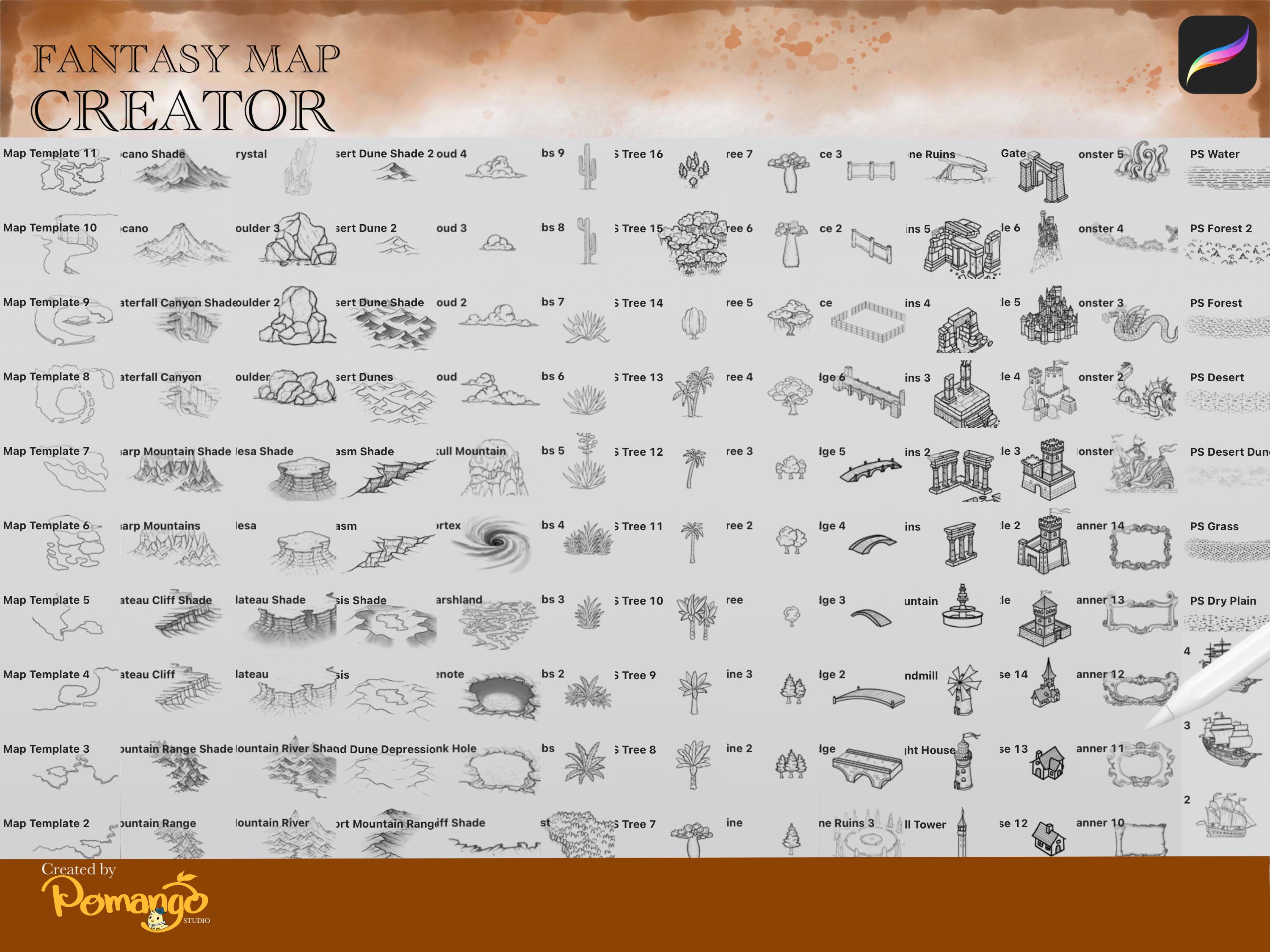 Fantasy Map Procreate Brush Stamps: 200 Hand-drawn World Building Map ...