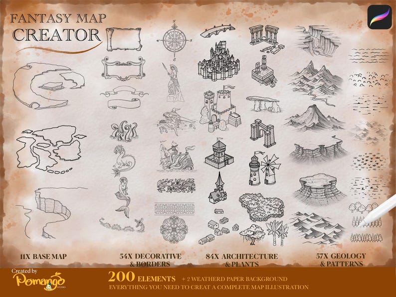 Fantasy Map Procreate Brush Stamps: 200 Hand-drawn World Building Map ...
