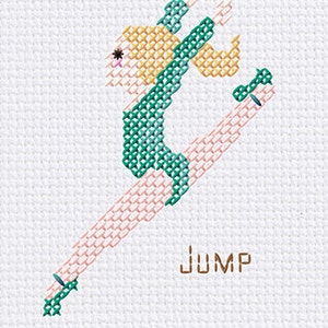 May include: Three cross-stitch illustrations of ballerinas in different poses. The top ballerina is stretching with the text "STRETCH" below. The middle ballerina is jumping with the text "JUMP" below. The bottom ballerina is dancing with the text "DANCE!" below.