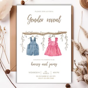 Invitación para revelar el género del bebé, tarjeta de predicción del nacimiento del bebé, plantilla para revelar el género, fiesta reveladora, acuarela, rosa, azul, tarjetas digitales para rascar y revelar el género.