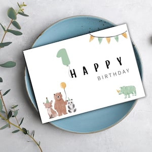 Cartão de aniversário com foto de animal da floresta Cartão de aniversário de 1º aniversário para menino Cartão digital Canva Design Impressão em casa Cartão de bebê Colagem de fotos Memórias