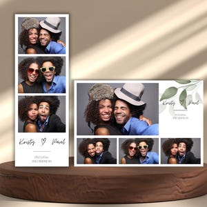 Modèle de photomaton amusant pour carte de vœux pour ami, souvenir photo, mariage, bande de photomaton numérique, design Canva, insertion florale verte