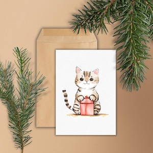 Cat Christmas Card Printable Happy Holidays Cards For Family Xmas Card With Cat and Gift Christmas Cards For Friends Catlovers Christmas