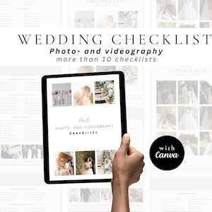 May include: A black tablet displays a wedding checklist with photo and videography checklists. The tablet is held by a hand. The text on the tablet reads "Our Photo and Videography Checklists". The background includes wedding photos and the text "Wedding Checklist".