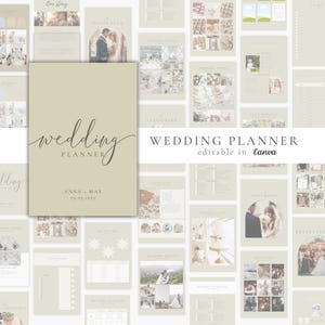 Op de afbeelding: Een beige bruiloftplanner-sjabloon met de tekst "wedding planner" in een cursief lettertype. Het sjabloon is bewerkbaar in Canva en bevat de tekst "Anna + Man 01.01.2023".