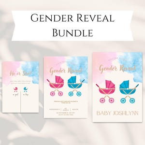 Pacchetto rivelazione sesso, invito per baby shower, poster, gratta e vinci, gioco per rivelare il sesso del bambino o della bambina, passeggini rosa e blu, acquerello