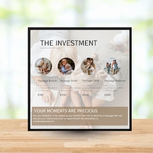 Op de afbeelding: Een ingelijste informatieve afbeelding getiteld "THE INVESTMENT" met vier pakketopties: Brons, Zilver, Goud en Platina. Elk pakket bevat een aantal foto's, professionele bewerking en geen logo. De afbeelding bevat ook de tekst "YOUR MOMENTS ARE PRECIOUS".