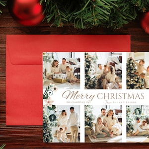 Può includere: Un biglietto di Natale con un collage di foto di una famiglia. Il biglietto ha uno sfondo bianco con un bordo floreale e il testo "Buon Natale e un felice anno nuovo" e "Dalla famiglia Patterson".