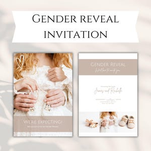 Invitation photo numérique beige pour révéler le sexe du bébé, modèle de baby shower, annonce de naissance, téléchargement de carte postale de grossesse sur Canva.