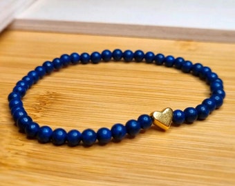 Hochwertiges Lapislazuli Armband mit Herz 4mm - blau Chakra-Yoga-Heilkristall - Gesundheit Heilung Heilstein - Halbedelstein Armband