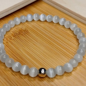 Natural Moonstone Beaded Bracelet 6 mm Gemstone - White Moonstone Crystal - Stainless Steel Bead - Gift for Her, Gift for Him