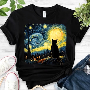 【Attends】Nero Cat Tee Shirt Cat T Starry Night Cat Tee Van Gogh Cat Gif T-shirt, Black