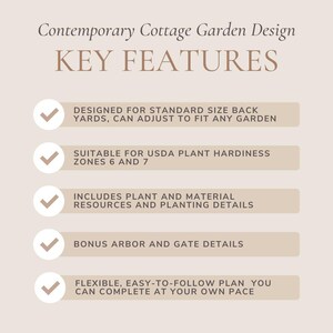 Puede incluir: Una lista de verificaci&oacute;n de las caracter&iacute;sticas clave para un dise&ntilde;o de jard&iacute;n de caba&ntilde;a contempor&aacute;neo. Las caracter&iacute;sticas incluyen: dise&ntilde;ado para patios traseros de tama&ntilde;o est&aacute;ndar, adecuado para las zonas de resistencia de las plantas USDA 6 y 7, incluye recursos de plantas y materiales y detalles de plantaci&oacute;n, detalles adicionales para la p&eacute;rgola y la puerta, y un plan flexible y f&aacute;cil de seguir que puedes completar a tu propio ritmo.