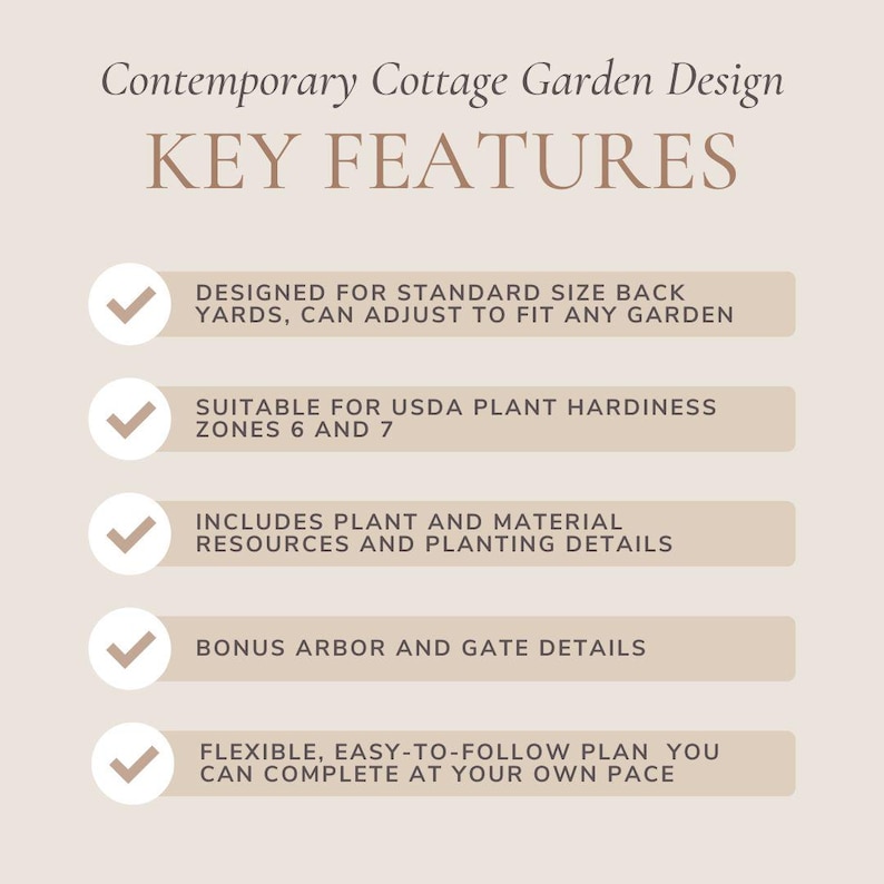 Puede incluir: Una lista de verificaci&oacute;n de las caracter&iacute;sticas clave para un dise&ntilde;o de jard&iacute;n de caba&ntilde;a contempor&aacute;neo. Las caracter&iacute;sticas incluyen: dise&ntilde;ado para patios traseros de tama&ntilde;o est&aacute;ndar, adecuado para las zonas de resistencia de las plantas USDA 6 y 7, incluye recursos de plantas y materiales y detalles de plantaci&oacute;n, detalles adicionales para la p&eacute;rgola y la puerta, y un plan flexible y f&aacute;cil de seguir que puedes completar a tu propio ritmo.