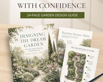 May include: A 24-page garden design guide titled Designing the Dream Garden by Lauren Renz, PLA. The cover features a lush garden illustration with a stone path. Included are interior pages showing garden planning methods, diagrams, and text.