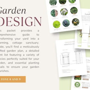 Pode incluir: Um guia para o design de jardins para as zonas 8 e 9. O guia inclui um plano de paisagem, uma lista de plantas e detalhes de constru&ccedil;&atilde;o para um arco e um port&atilde;o. O guia apresenta uma variedade de plantas, incluindo musgo, um arbusto florido e uma samambaia.