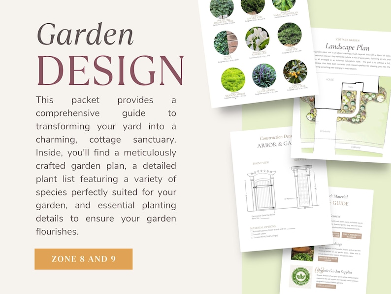 Pode incluir: Um guia para o design de jardins para as zonas 8 e 9. O guia inclui um plano de paisagem, uma lista de plantas e detalhes de constru&ccedil;&atilde;o para um arco e um port&atilde;o. O guia apresenta uma variedade de plantas, incluindo musgo, um arbusto florido e uma samambaia.