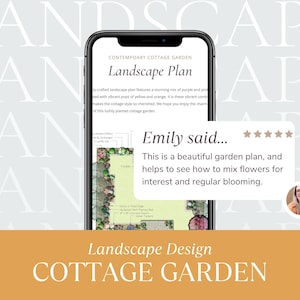 Pode incluir: Um ecr&atilde; de telefone a mostrar um plano de paisagismo para um jardim de cottage. O plano apresenta uma mistura de flores roxas, cor-de-rosa, amarelas e laranja. O texto no ecr&atilde; diz "Jardim de cottage contempor&acirc;neo Plano de paisagismo". Uma avalia&ccedil;&atilde;o de um cliente diz "Este &eacute; um belo plano de jardim, e ajuda a ver como misturar flores para interesse e flora&ccedil;&atilde;o regular."