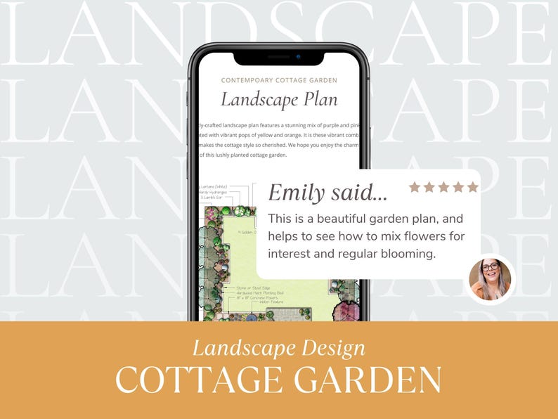 Pode incluir: Um ecr&atilde; de telefone a mostrar um plano de paisagismo para um jardim de cottage. O plano apresenta uma mistura de flores roxas, cor-de-rosa, amarelas e laranja. O texto no ecr&atilde; diz "Jardim de cottage contempor&acirc;neo Plano de paisagismo". Uma avalia&ccedil;&atilde;o de um cliente diz "Este &eacute; um belo plano de jardim, e ajuda a ver como misturar flores para interesse e flora&ccedil;&atilde;o regular."