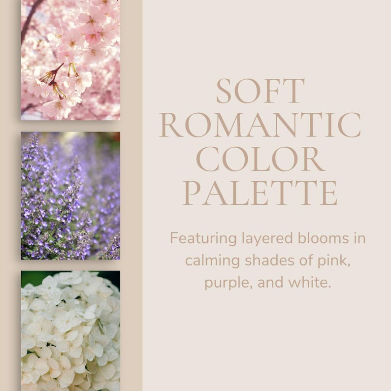 Puede incluir: Un collage de tres im&aacute;genes con colores suaves y rom&aacute;nticos. La imagen superior muestra flores de cerezo rosas, la imagen del medio muestra flores de lavanda moradas y la imagen inferior muestra flores de hortensia blancas. El texto "SOFT ROMANTIC COLOR PALETTE" se muestra en el centro de la imagen. El texto "Featuring layered blooms in calming shades of pink, purple, and white." se muestra debajo del t&iacute;tulo.