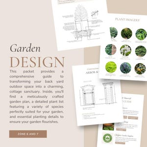 Puede incluir: Una gu&iacute;a de dise&ntilde;o de jard&iacute;n con una ilustraci&oacute;n en blanco y negro de un cenador, una lista de plantas y una gu&iacute;a de materiales. El texto en la p&aacute;gina dice "Garden Design", "Construction Arbor &", "Plant Imagery" y "Material Guide".