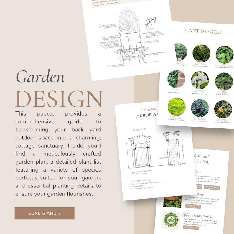 Puede incluir: Una gu&iacute;a de dise&ntilde;o de jard&iacute;n con una ilustraci&oacute;n en blanco y negro de un cenador, una lista de plantas y una gu&iacute;a de materiales. El texto en la p&aacute;gina dice "Garden Design", "Construction Arbor &", "Plant Imagery" y "Material Guide".