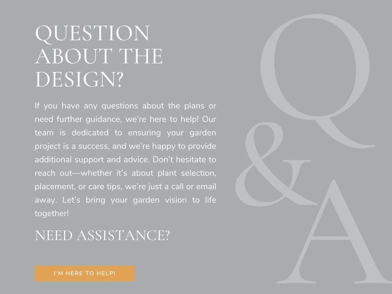 Pode incluir: Um fundo cinza com o texto "QUESTION ABOUT THE DESIGN?" e "NEED ASSISTANCE?" com um bot&atilde;o que diz "I'M HERE TO HELP!" O texto "Q&A" est&aacute; em uma fonte grande no canto superior direito da imagem.