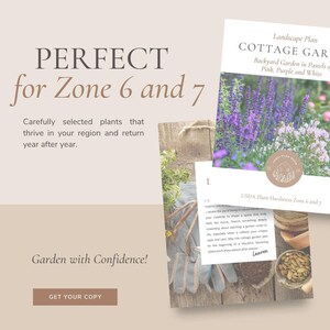 Puede incluir: Un plan de jard&iacute;n imprimible para jardines de estilo cottage en las zonas 6 y 7. El plan presenta un esquema de color morado, rosa y blanco. El texto dice "Plan de paisaje Jard&iacute;n de estilo cottage Jard&iacute;n trasero en tonos pastel de rosa, morado y blanco Zona de resistencia de plantas USDA 6 y 7".