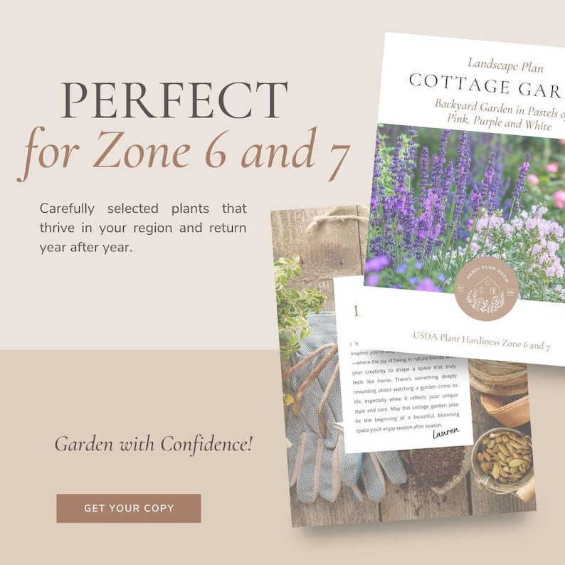 Puede incluir: Un plan de jard&iacute;n imprimible para jardines de estilo cottage en las zonas 6 y 7. El plan presenta un esquema de color morado, rosa y blanco. El texto dice "Plan de paisaje Jard&iacute;n de estilo cottage Jard&iacute;n trasero en tonos pastel de rosa, morado y blanco Zona de resistencia de plantas USDA 6 y 7".