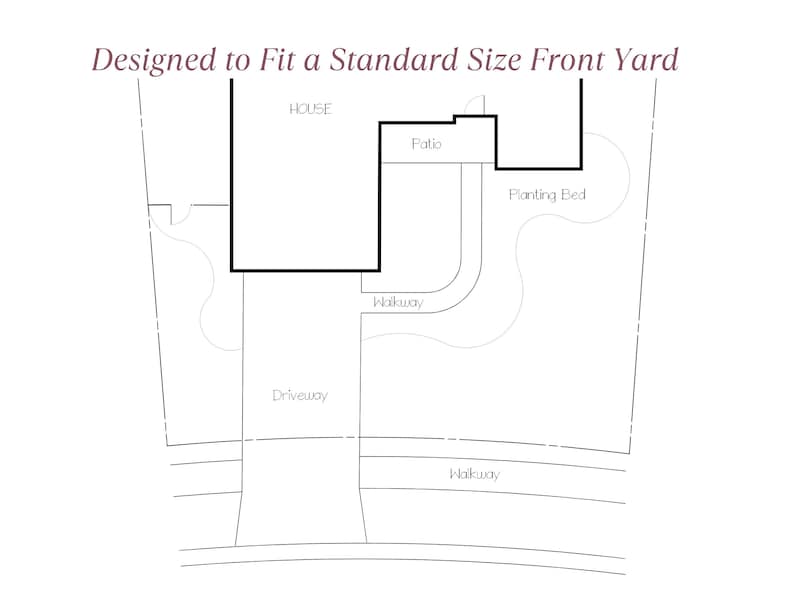 Pode incluir: Um desenho de linha preto e branco de uma casa com um jardim da frente. O jardim inclui um p&aacute;tio, um canteiro, uma entrada de carro e uma passarela.