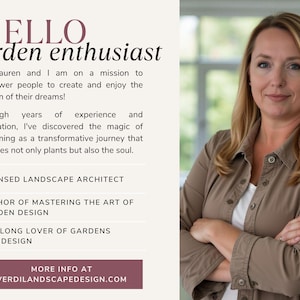 Pode incluir: Uma mulher com cabelo comprido e loiro sorri para a c&acirc;mera. Ela est&aacute; vestindo uma camisa marrom e tem os bra&ccedil;os cruzados. O texto "HELLO garden enthusiast" est&aacute; no topo da imagem. O texto abaixo diz: "Eu sou Lauren e minha miss&atilde;o &eacute; empoderar as pessoas para criar e desfrutar do jardim dos seus sonhos! Atrav&eacute;s de anos de experi&ecirc;ncia e dedica&ccedil;&atilde;o, descobri a magia da jardinagem como uma jornada transformadora que nutre n&atilde;o apenas as plantas, mas tamb&eacute;m a alma. ARQUITETO PAISAGISTA LICENCIADO AUTOR DE DOMINAR A ARTE DO DESIGN DE JARDINS AMANTE DE JARDINS E DESIGN DE TODA A VIDA MAIS INFORMA&Ccedil;&Otilde;ES EM VERDILANDSCAPEDESIGN.COM"