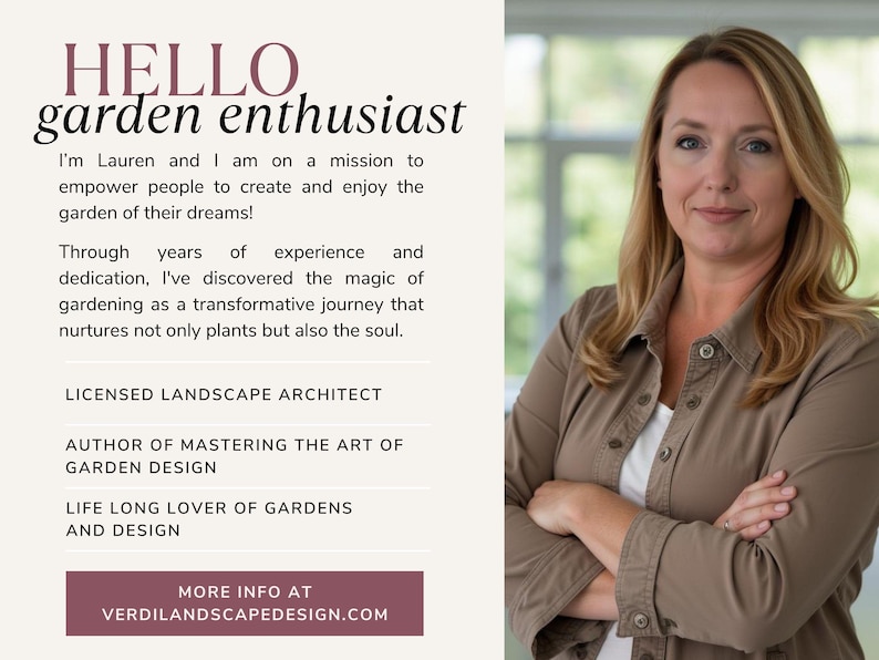 Pode incluir: Uma mulher com cabelo comprido e loiro sorri para a c&acirc;mera. Ela est&aacute; vestindo uma camisa marrom e tem os bra&ccedil;os cruzados. O texto "HELLO garden enthusiast" est&aacute; no topo da imagem. O texto abaixo diz: "Eu sou Lauren e minha miss&atilde;o &eacute; empoderar as pessoas para criar e desfrutar do jardim dos seus sonhos! Atrav&eacute;s de anos de experi&ecirc;ncia e dedica&ccedil;&atilde;o, descobri a magia da jardinagem como uma jornada transformadora que nutre n&atilde;o apenas as plantas, mas tamb&eacute;m a alma. ARQUITETO PAISAGISTA LICENCIADO AUTOR DE DOMINAR A ARTE DO DESIGN DE JARDINS AMANTE DE JARDINS E DESIGN DE TODA A VIDA MAIS INFORMA&Ccedil;&Otilde;ES EM VERDILANDSCAPEDESIGN.COM"